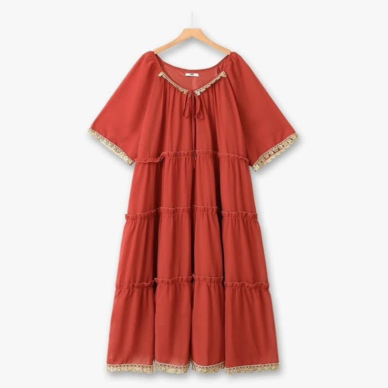 Plusock Boho Lace Trim Maxi Dress - Red - 6XL - image 0