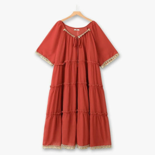 Plusock Boho Lace Trim Maxi Dress - Red - 6XL - image 0