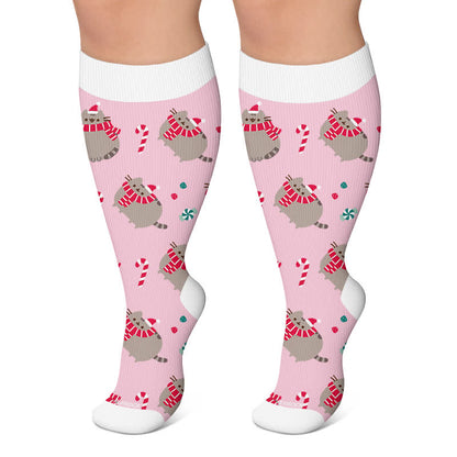 Plusock Plus Size  Christmas Cute Cat Compression Socks - Pink - 4XL - image 6