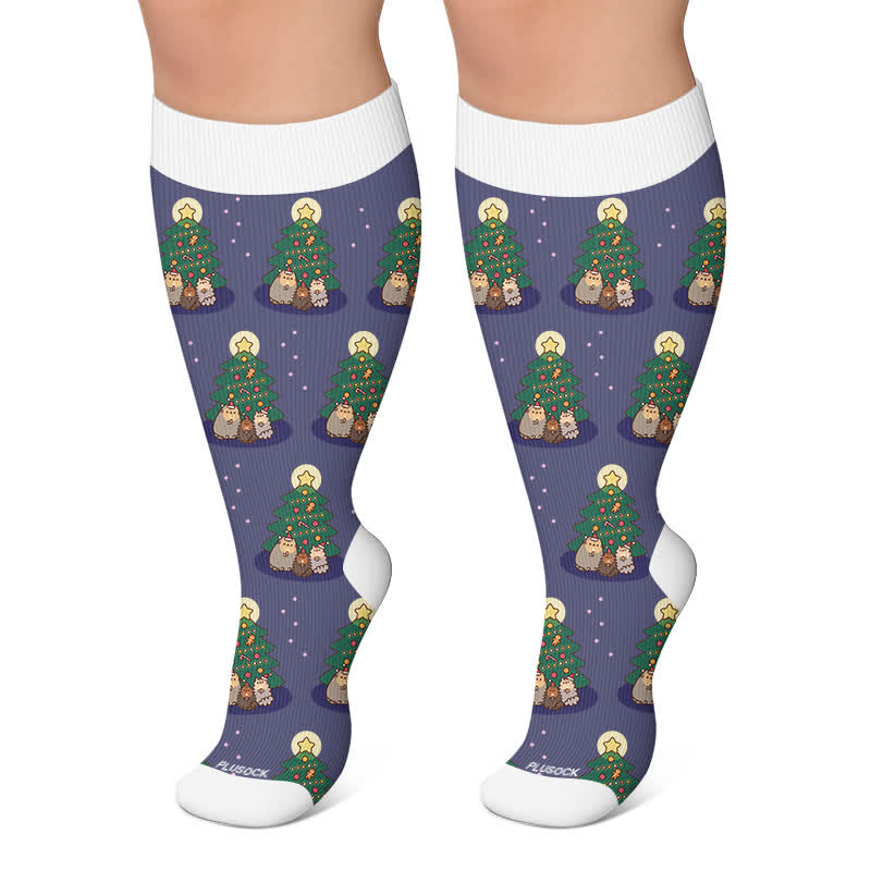 Plusock Plus Size  Christmas Cute Cat Compression Socks - Navy Blue - 4XL - image 4