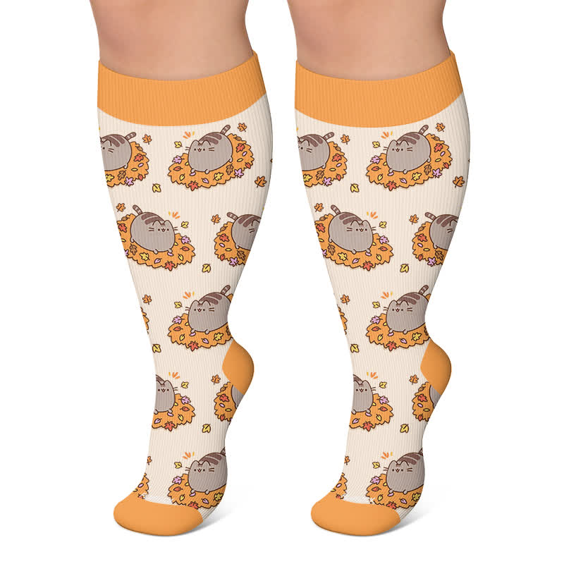 Plusock Plus Size Cats Pumpkins Fall Compression Socks - Orange - 4XL - image 4