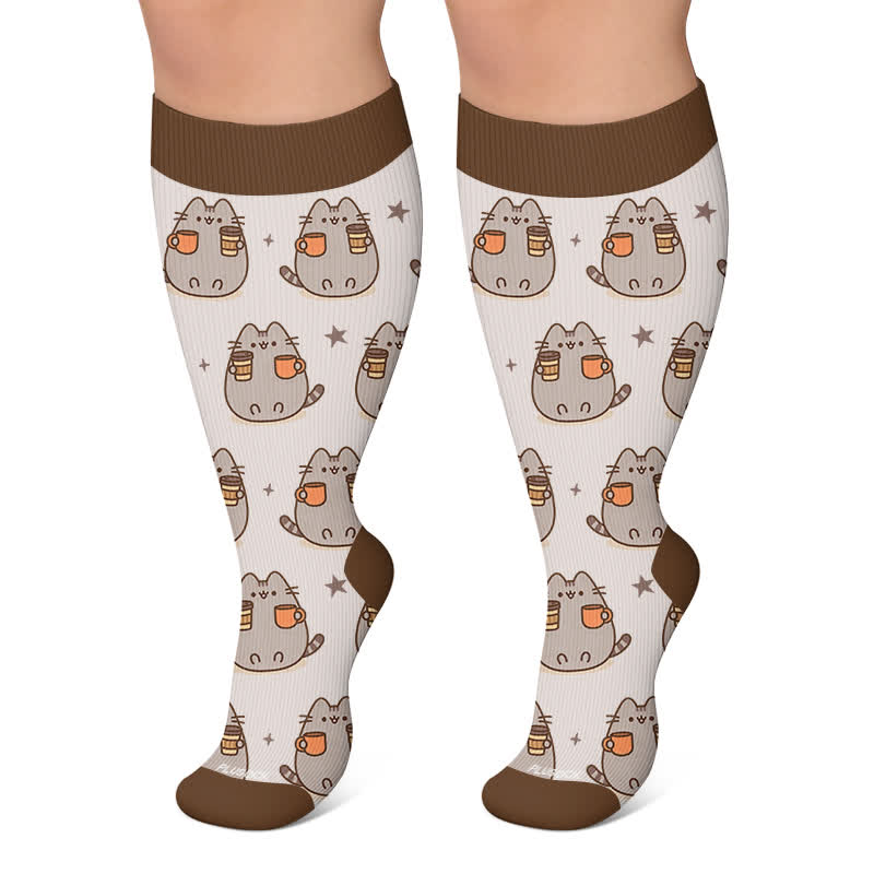 Plusock Plus Size Cats Pumpkins Fall Compression Socks - Coffee - 4XL - image 6