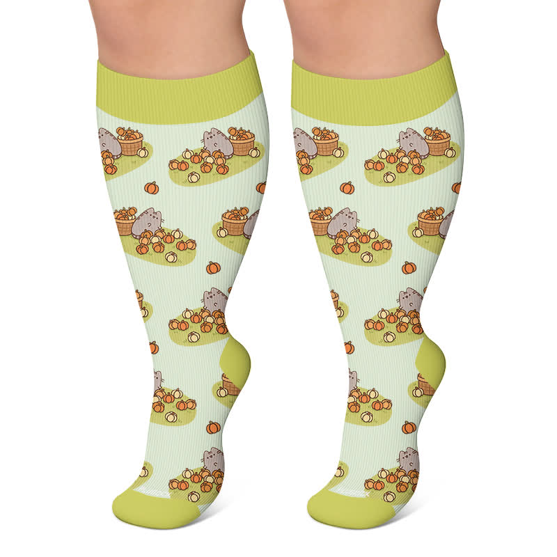 Plusock Plus Size Cats Pumpkins Fall Compression Socks - Green - 4XL - image 5