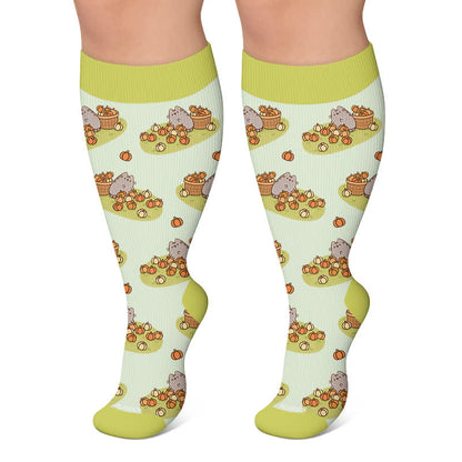 Plusock Plus Size Cats Pumpkins Fall Compression Socks - Green - 4XL - image 5