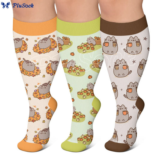 Plusock Plus Size Cats Pumpkins Fall Compression Socks - image 0