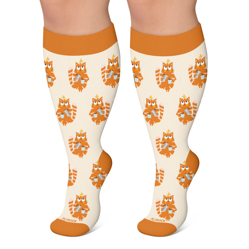 Plusock Plus Size Coffee Cat Compression Socks - Orange - 4XL - image 4