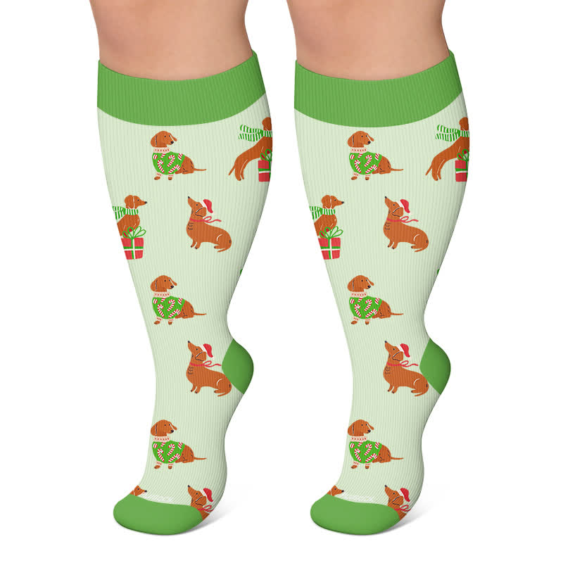 Plusock Plus Size Christmas Animal Party Compression Socks - Green - 4XL - image 5