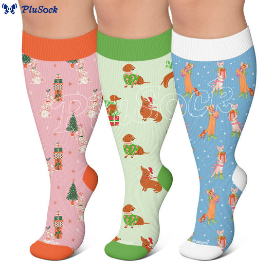 Plusock Plus Size Christmas Animal Party Compression Socks - image 0