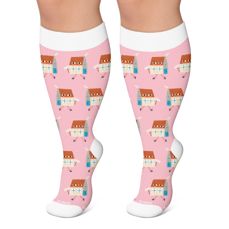 Plusock Plus Size Fun Cartoon Print Compression Socks - Pink - 4XL - image 5
