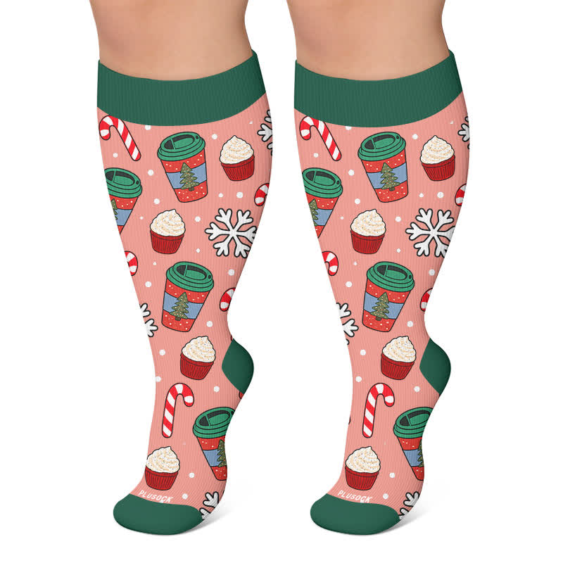 Plusock Plus Size Christmas Drinks Compression Socks - Red - 4XL - image 5