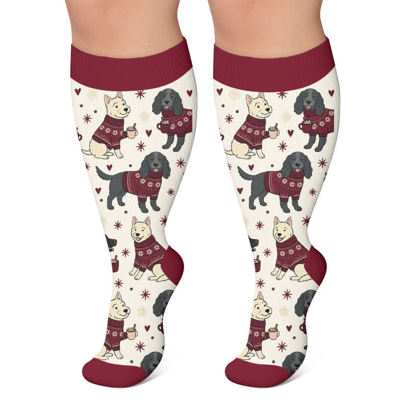 Plusock Plus Size Christmas Butterfly Dog Compression Socks - Wine - 4XL - image 5