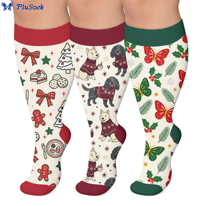 Plusock Plus Size Christmas Butterfly Dog Compression Socks - image 0
