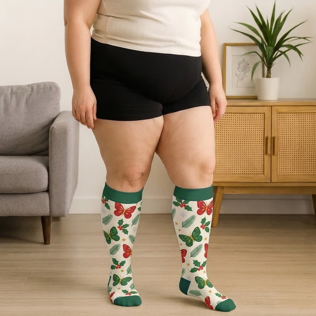 Plusock Plus Size Christmas Butterfly Dog Compression Socks - image 1