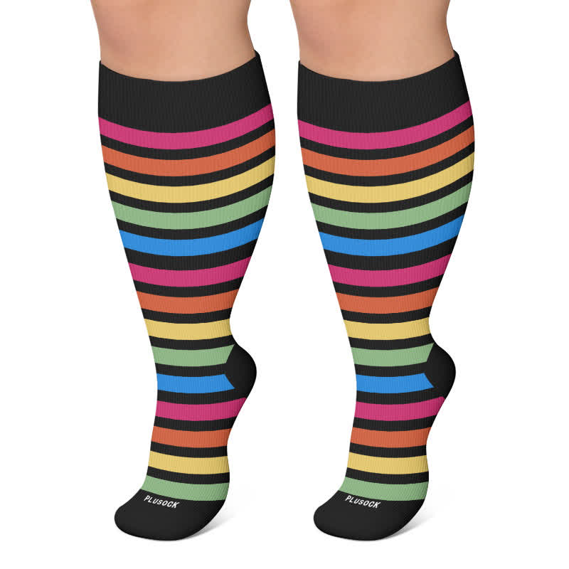 Plusock Plus Size Rainbow Stripe Compression Socks - Black - 4XL - image 4