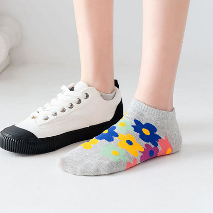 Plus Size Colored Flowers No Show Socks(5 Pairs)