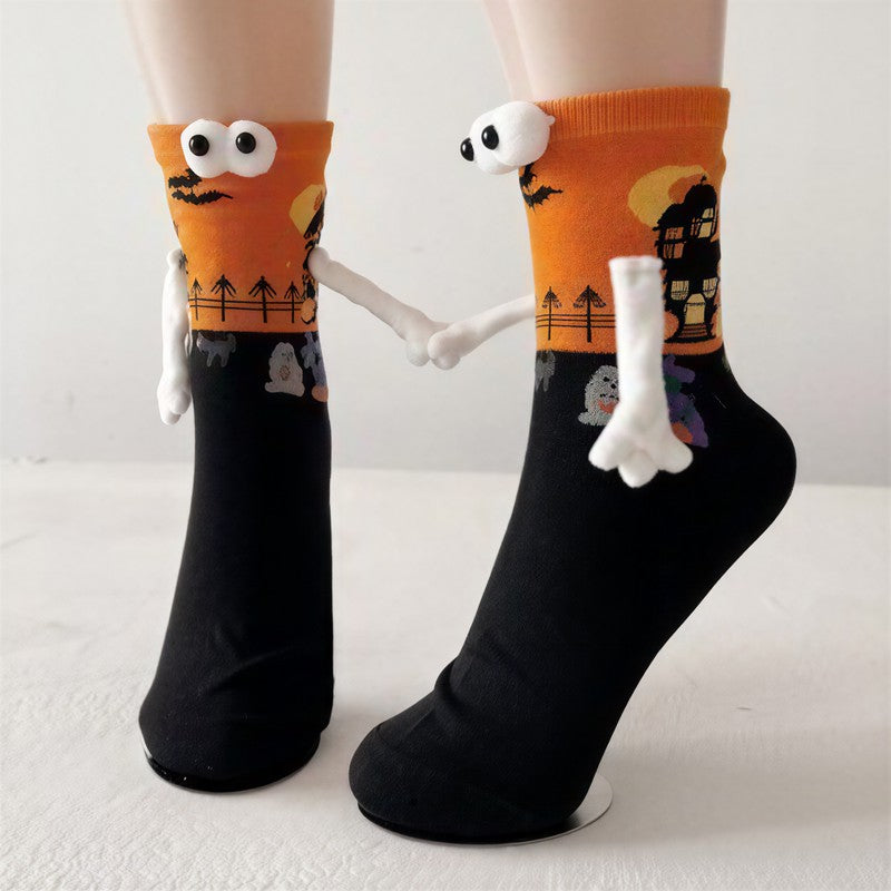 Plusock Halloween 3D Eyes Plush Cuff Quarter Socks(3 Pairs) - Orange - EU34-40(US1-7) - image 0