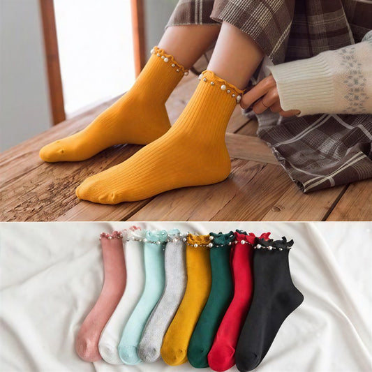 Plusock Pearl Trim Ruffle Ribbed Quarter Socks(4 Pairs) - image 0