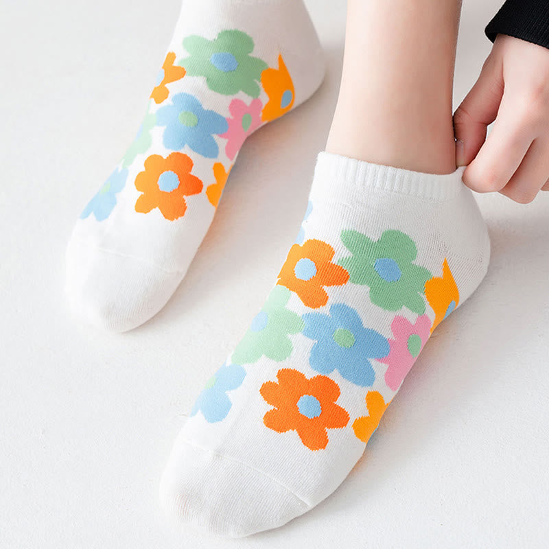 Plus Size Colored Flowers No Show Socks(5 Pairs)