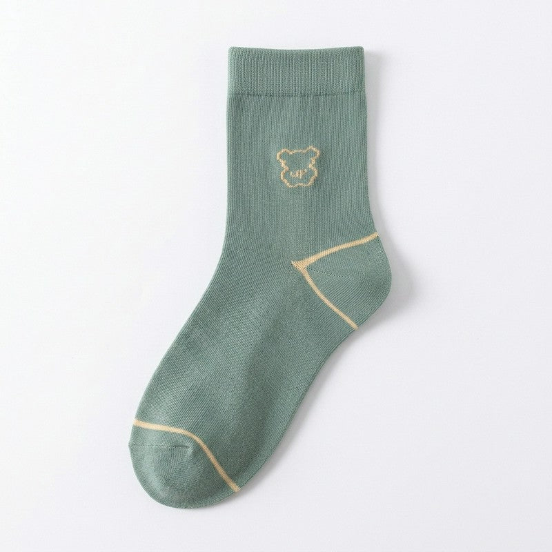 Plusock Cute Bear Embroidered Cotton Quarter  Socks(5 Pairs) - Green - EU35-40(US2-7) - image 9