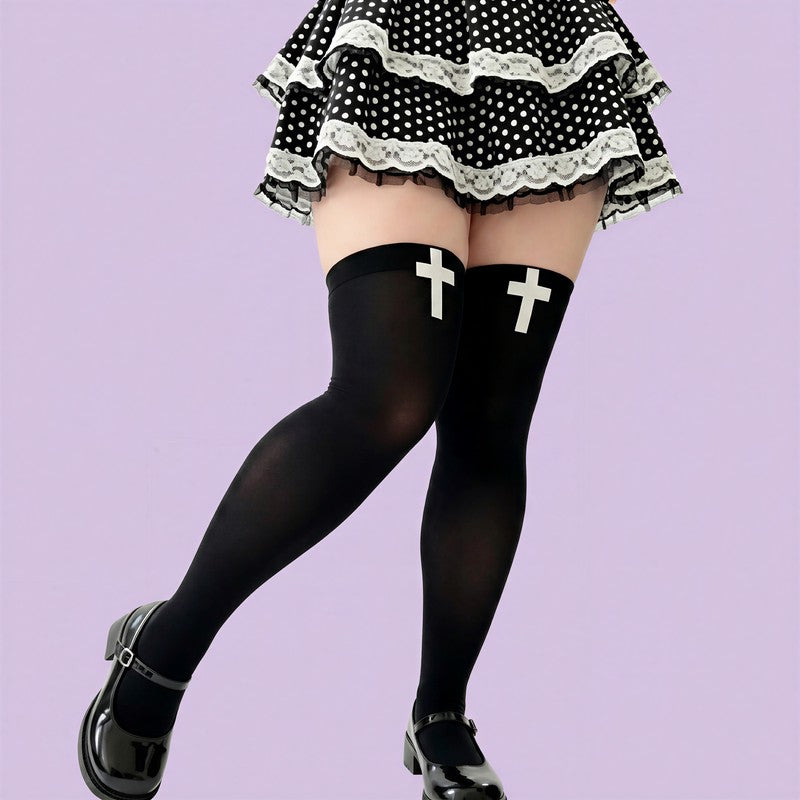Plusock Gothic Cross Print Thigh High Socks(2 Pairs) - image 2