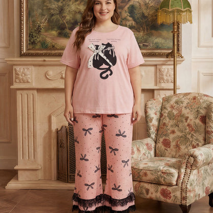 Plusock Soft Bow Cat Print Pajama Set - Pink - 4XL - image 0