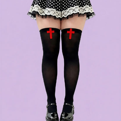 Plusock Gothic Cross Print Thigh High Socks(2 Pairs) - Black-A - One Size - image 5