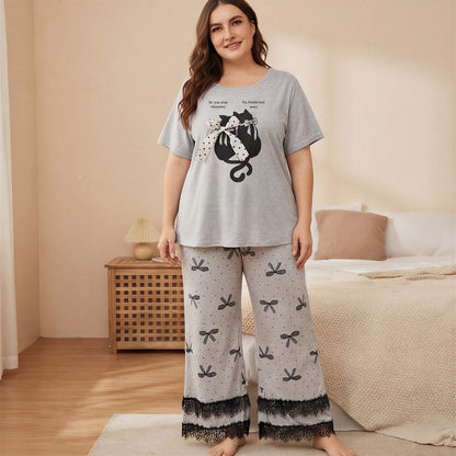 Plusock Soft Bow Cat Print Pajama Set - Grey - 4XL - image 2