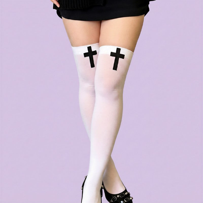Plusock Gothic Cross Print Thigh High Socks(2 Pairs) - image 8