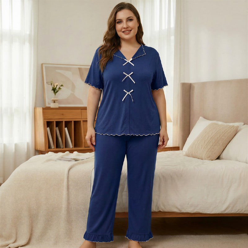 Plusock Classic Bow Trim Pajama Set - Blue - 5XL - image 5