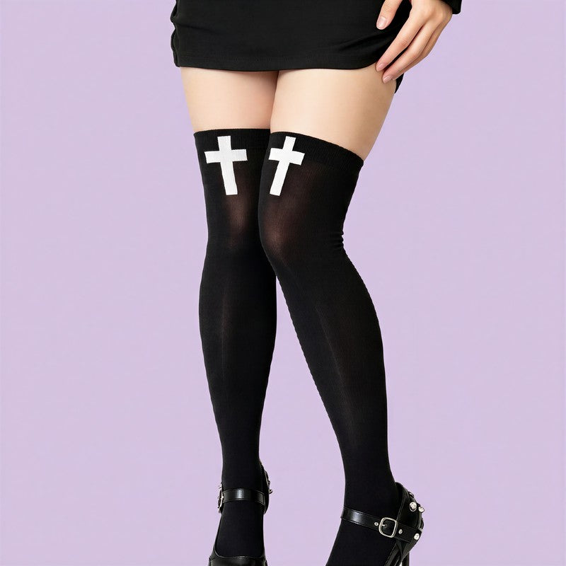 Plusock Gothic Cross Print Thigh High Socks(2 Pairs) - image 1