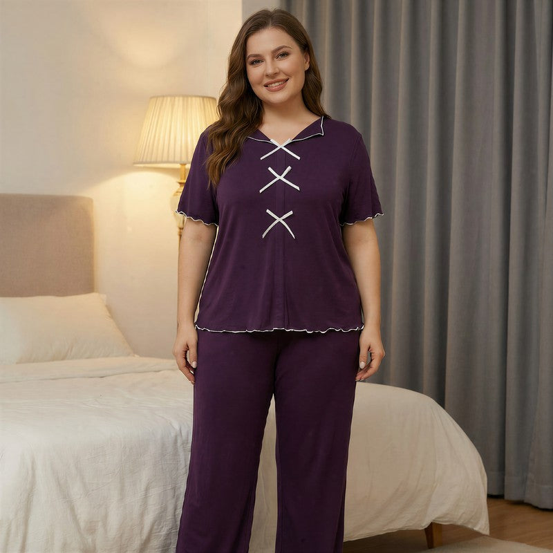 Plusock Classic Bow Trim Pajama Set - Purple - 5XL - image 4