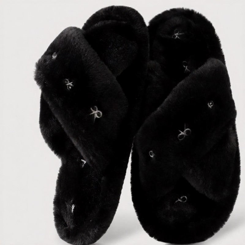 Plusock Cross Band Plush Open Toe Slippers - Black - EU44-45(US9-10) - image 11