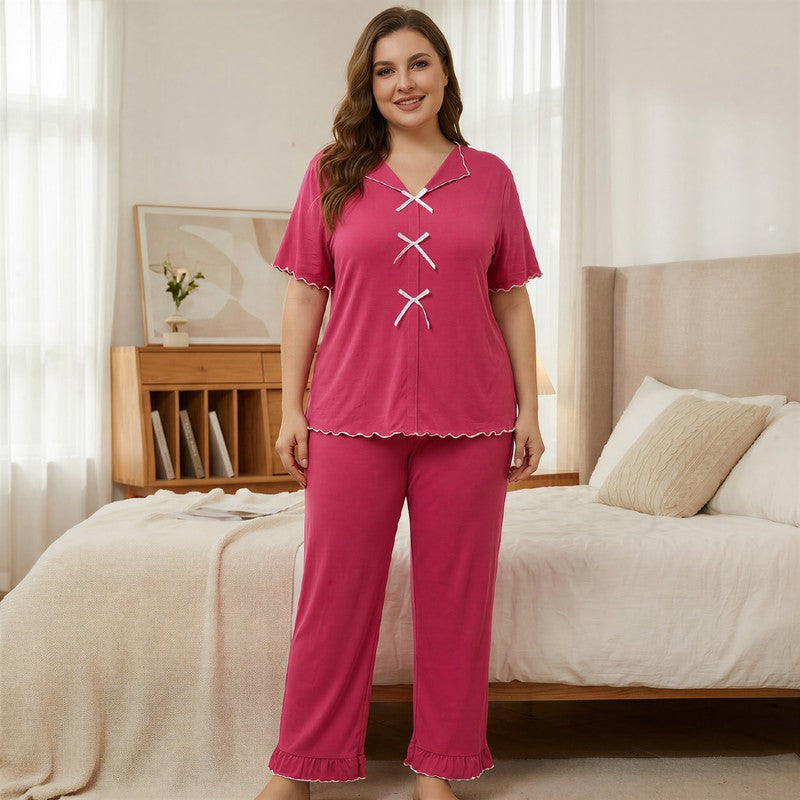 Plusock Classic Bow Trim Pajama Set - Rose - 5XL - image 3