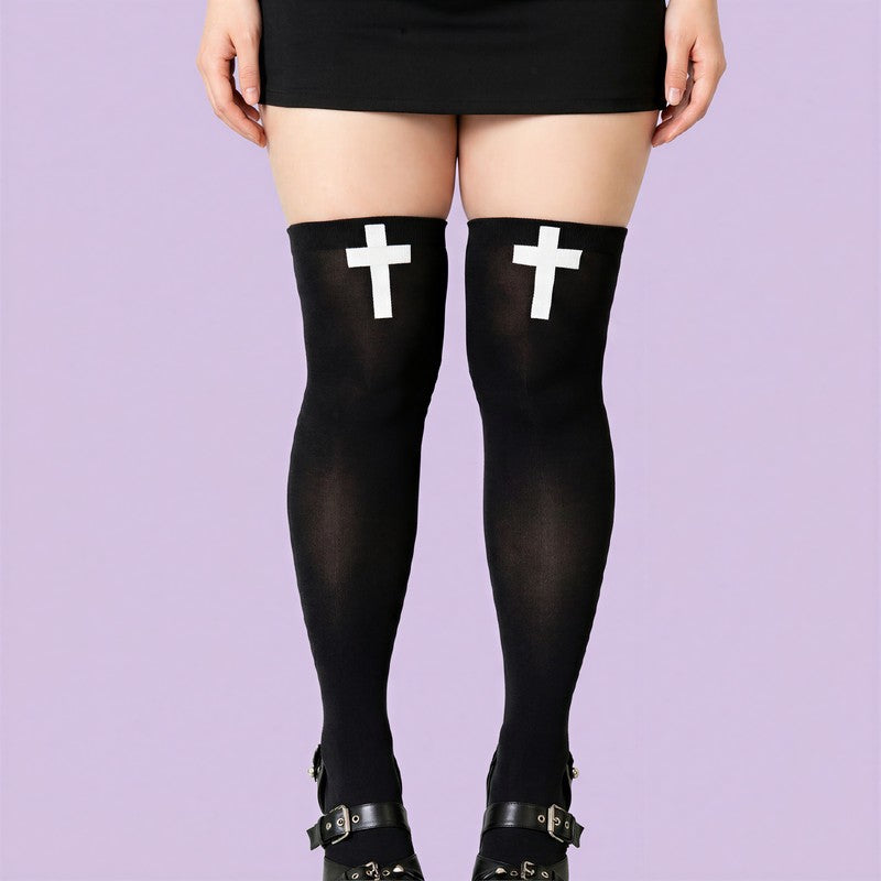 Plusock Gothic Cross Print Thigh High Socks(2 Pairs) - image 3