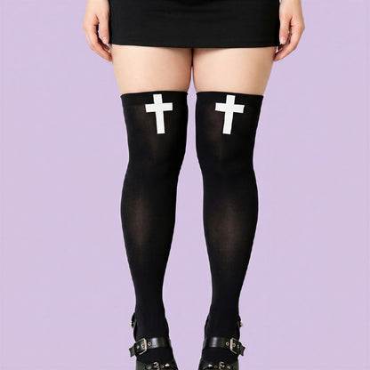 Plusock Gothic Cross Print Thigh High Socks(2 Pairs) - image 3