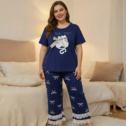 Plusock Soft Bow Cat Print Pajama Set - Blue - 4XL - image 7