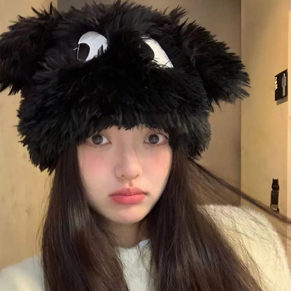 Plusock Fluffy Bear Ear Winter Hat - Black - One Size - image 1