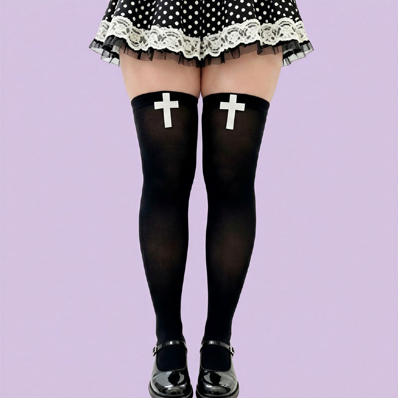 Plusock Gothic Cross Print Thigh High Socks(2 Pairs) - Black - One Size - image 0