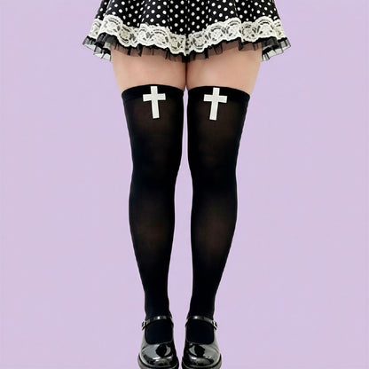 Plusock Gothic Cross Print Thigh High Socks(2 Pairs) - Black - One Size - image 0