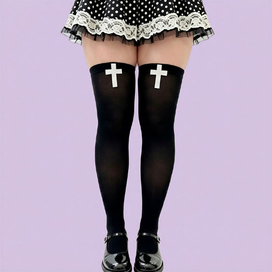 Plusock Gothic Cross Print Thigh High Socks(2 Pairs) - Black - One Size - image 0