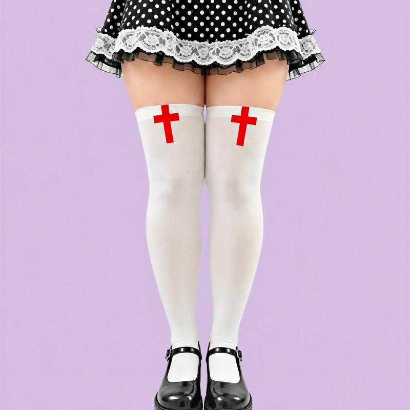 Plusock Gothic Cross Print Thigh High Socks(2 Pairs) - White - One Size - image 7