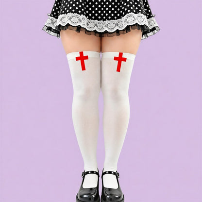 Plusock Gothic Cross Print Thigh High Socks(2 Pairs) - White - One Size - image 7