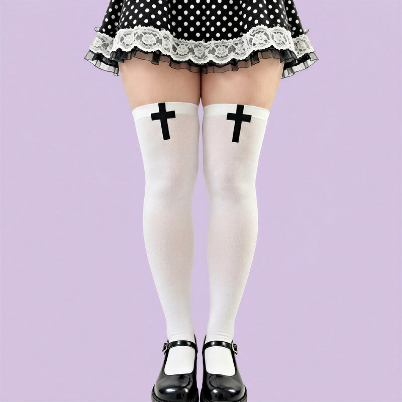 Plusock Gothic Cross Print Thigh High Socks(2 Pairs) - White-A - One Size - image 6