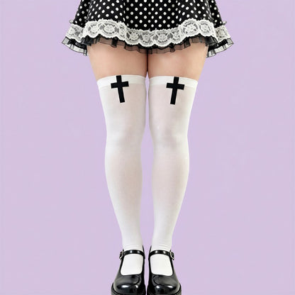 Plusock Gothic Cross Print Thigh High Socks(2 Pairs) - White-A - One Size - image 6