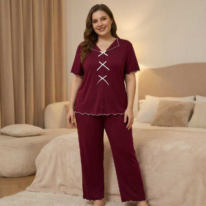 Plusock Classic Bow Trim Pajama Set - Wine - 5XL - image 1