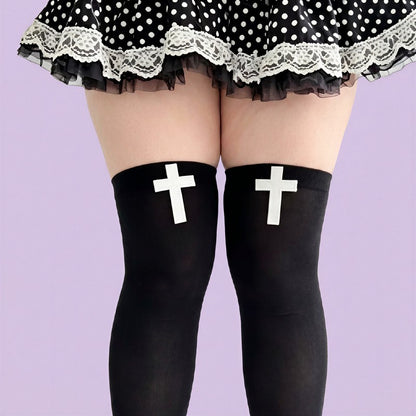 Plusock Gothic Cross Print Thigh High Socks(2 Pairs) - image 4