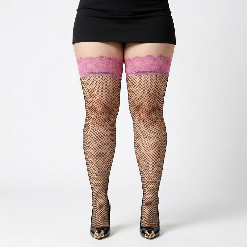 Plusock Lace Top Fishnet Thigh High Stockings(3 Pairs) - Rose - One Size - image 3