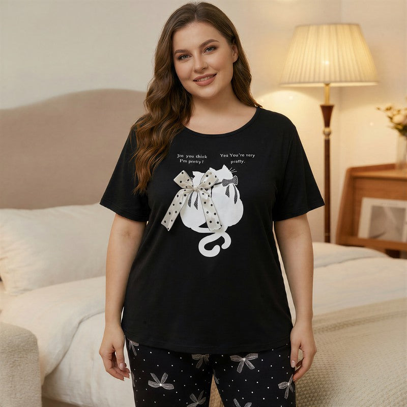 Plusock Soft Bow Cat Print Pajama Set - Black - 4XL - image 6