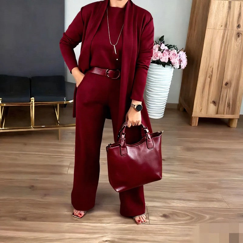 Plusock Tencel Blend Belted Wide Leg Three Piece Loungewear Set - Red - 5XL - image 2