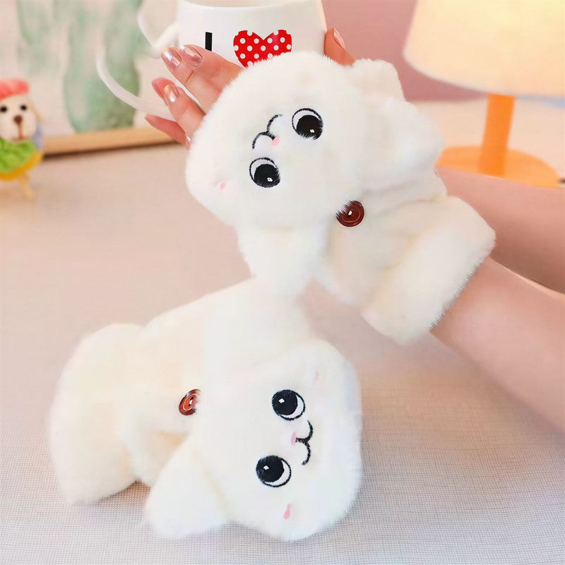 Plusock Cozy Cartoon Flip Top Gloves - White - One Size - image 0